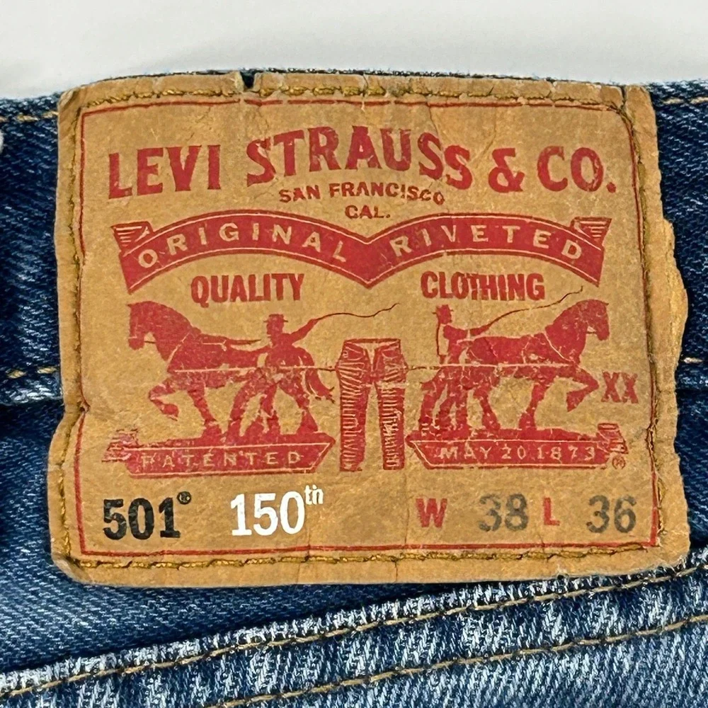 Levis 501 150th Anniversary Jeans Men's 36x34 Blue Distressed Straight Leg Denim